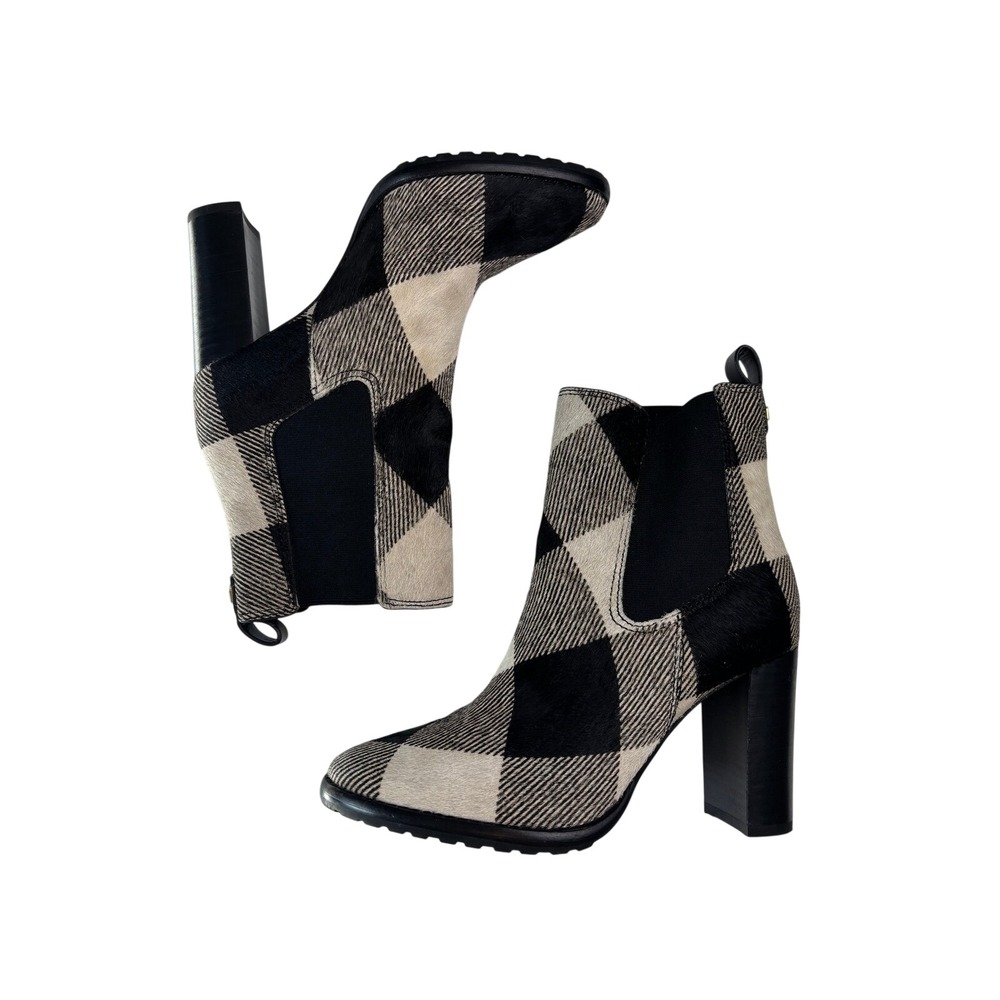 Lauren Ralph Lauren Mylah Ankle Boots Black White Plaid Womens 5 Calf Hair Heel
